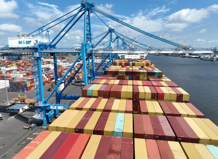 PhilaPort Packer Avenue Marine Terminal with container cranes and colorful shipping containers