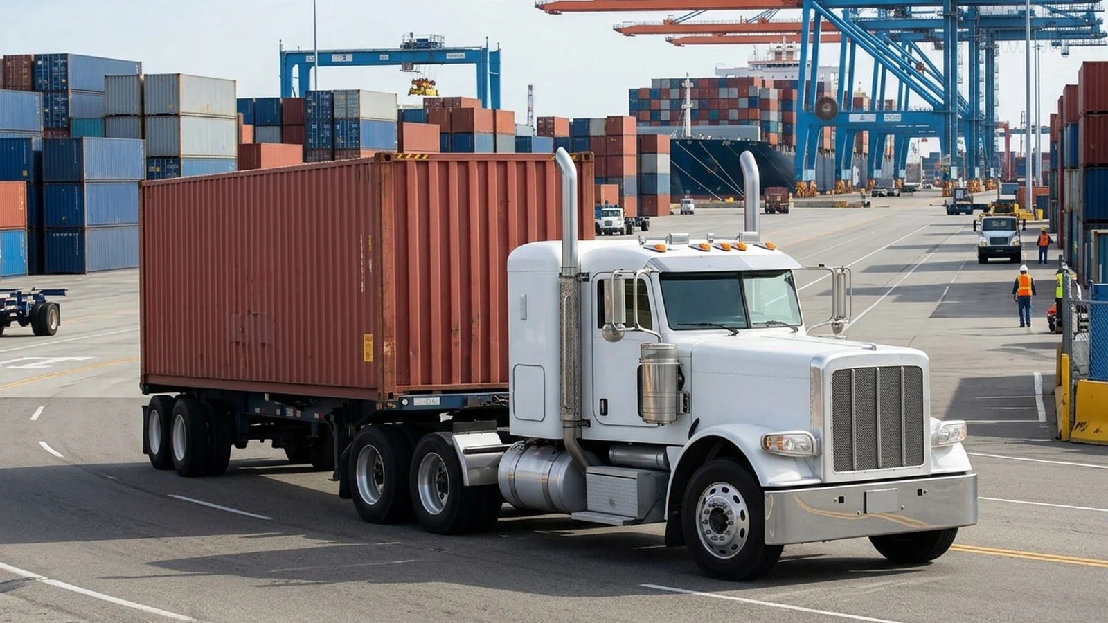 White day cab tractor hauling an ocean container on a chassis at a U.S. marine terminal.