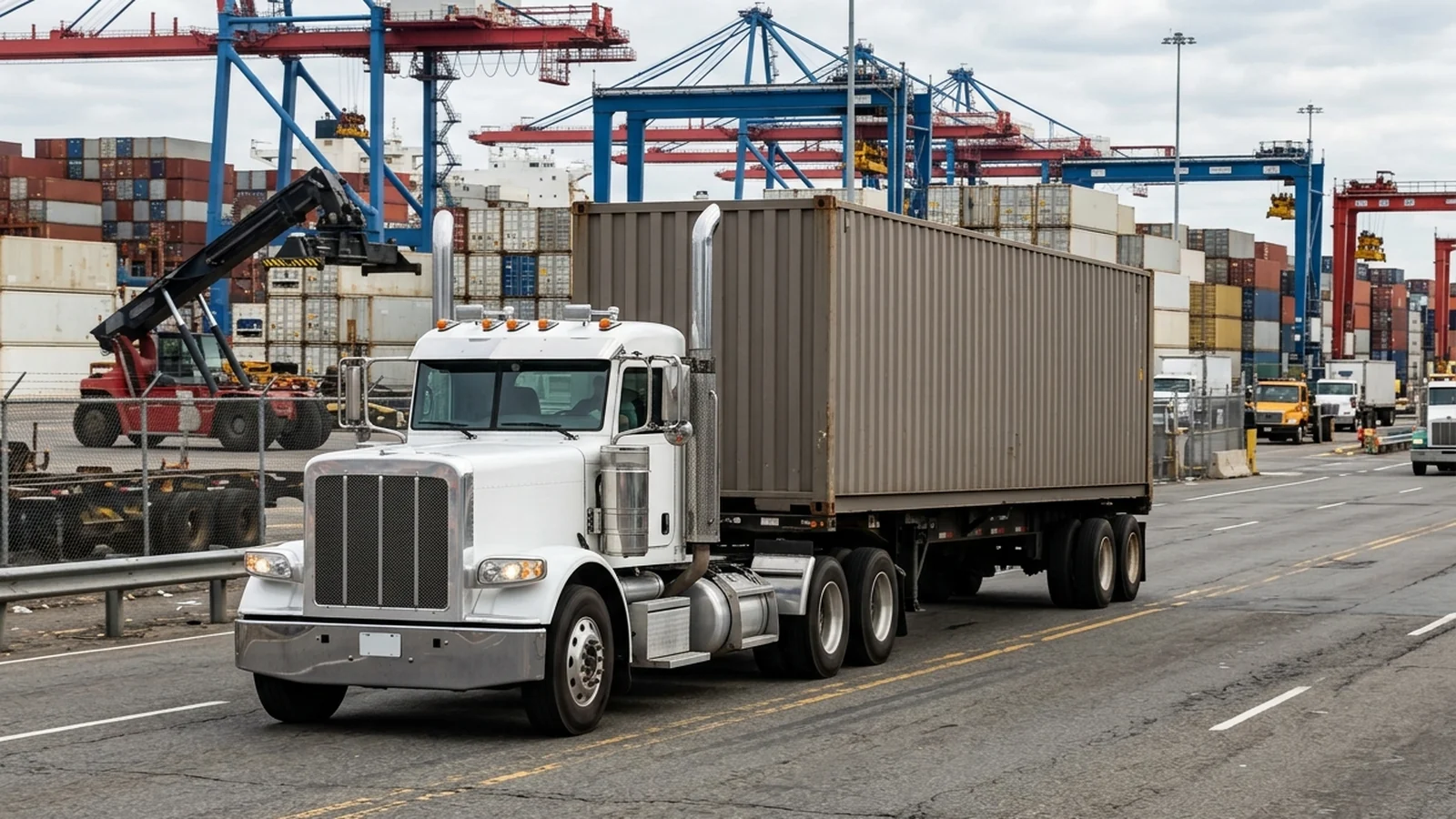 White day cab tractor hauling a 40-foot ocean container on a chassis at a New Jersey marine container terminal.